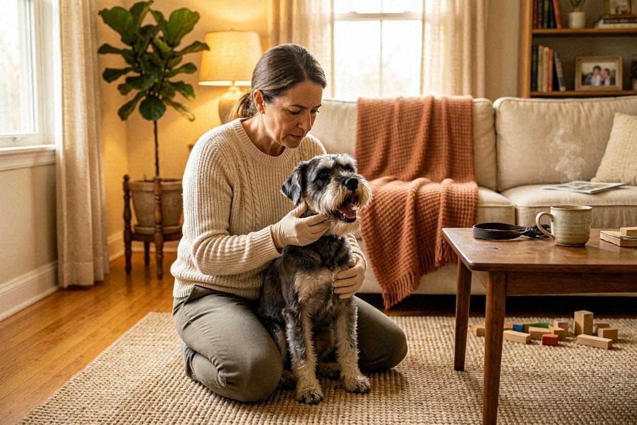 犬が誤飲した後に飼い主が口の中を確認している様子