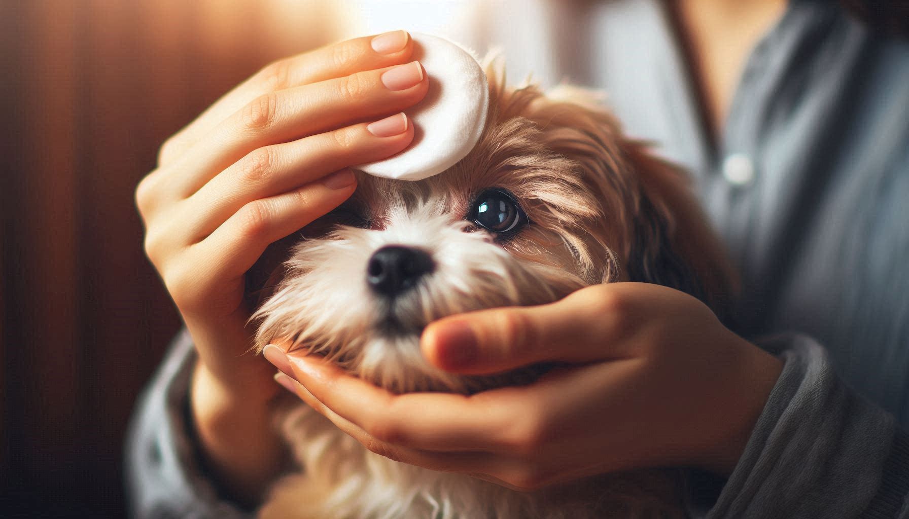 コットンで犬の目やにを拭く飼い主