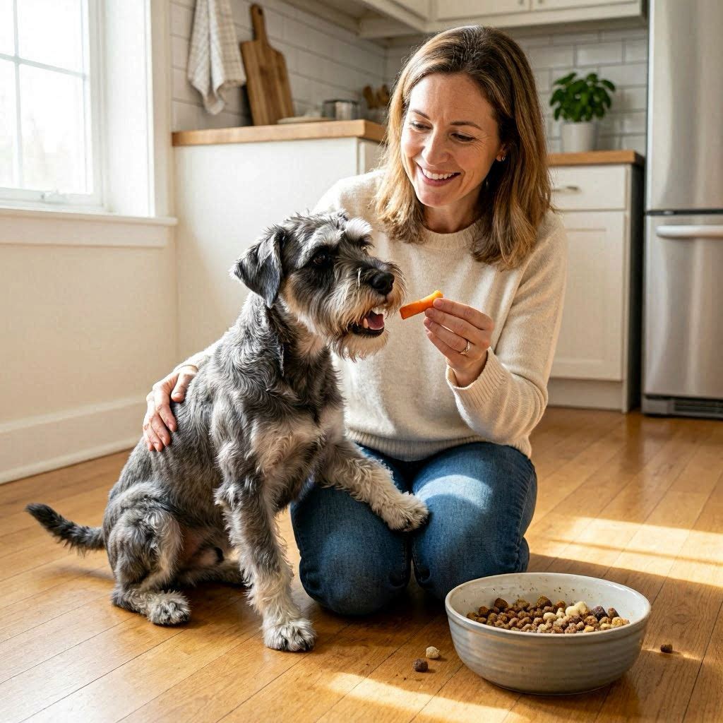 ミニチュアシュナウザーに人参のおやつを与える飼い主