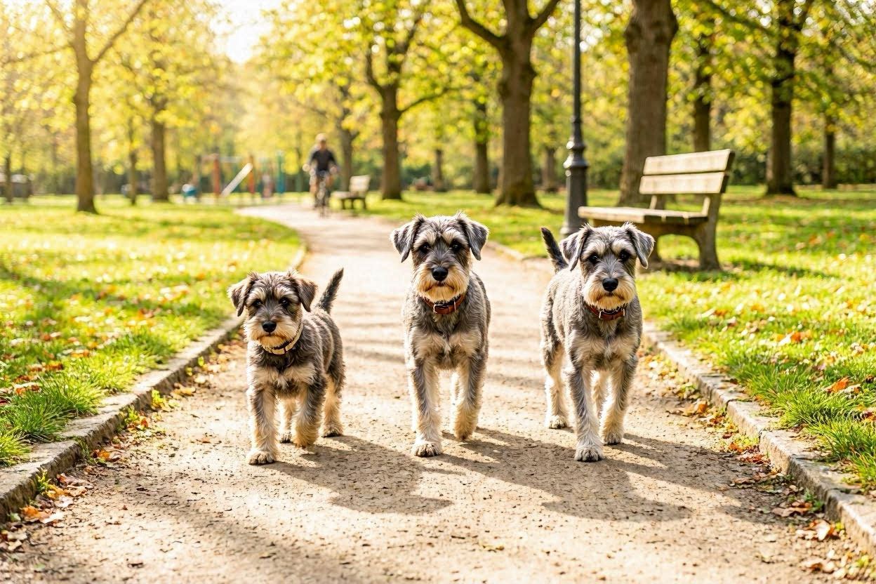 子犬・成犬・シニアのシュナウザーが散歩している様子
