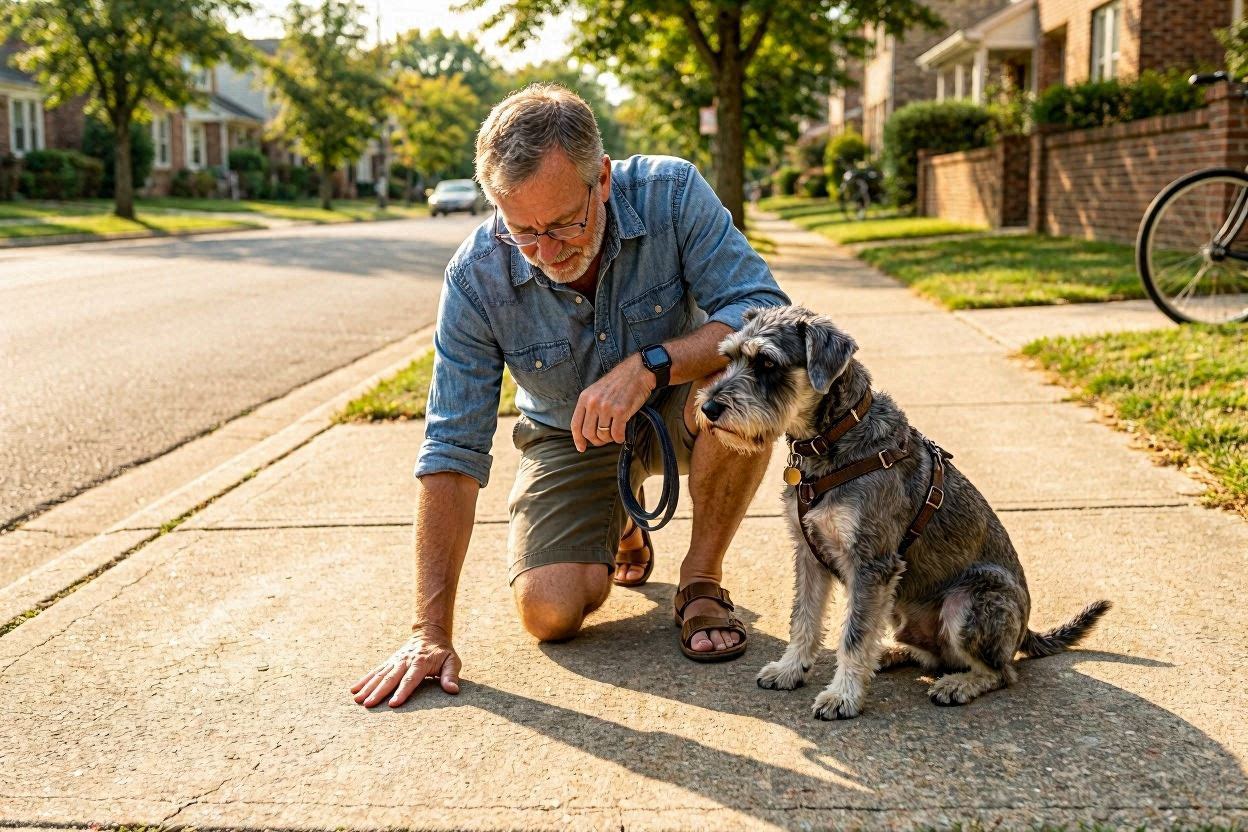 散歩前に地面温度を確認している飼い主とシュナウザー