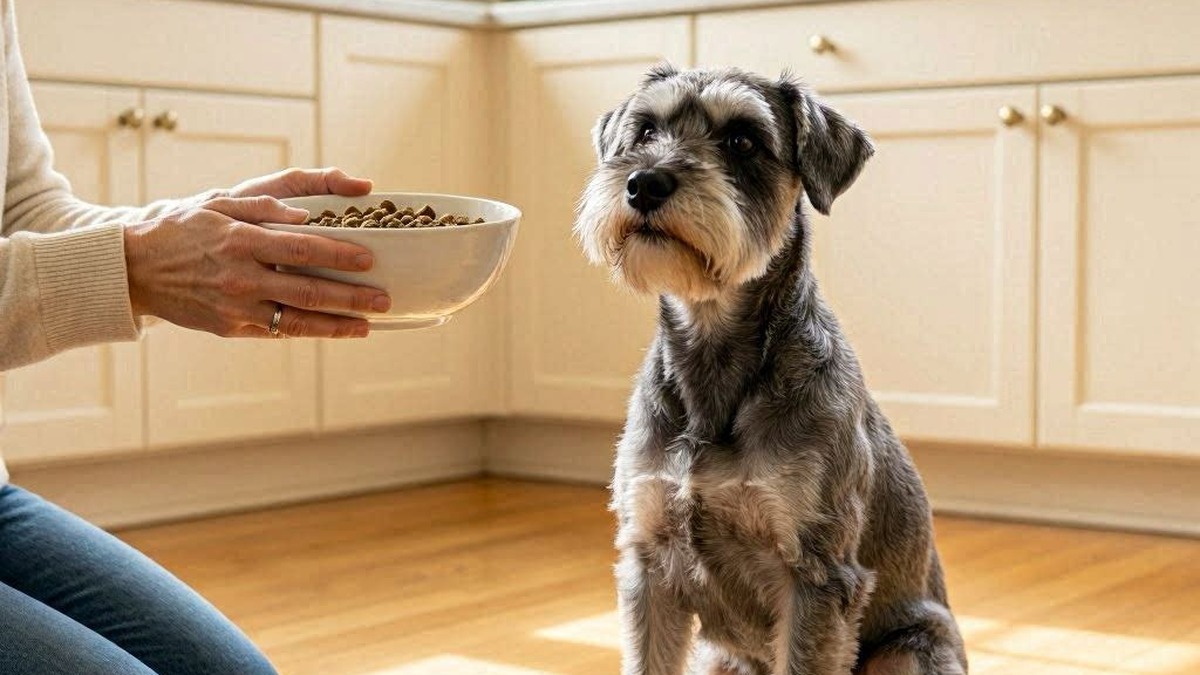 涙やけ対策ドッグフードのパッケージ表示を確認する飼い主とシュナウザー